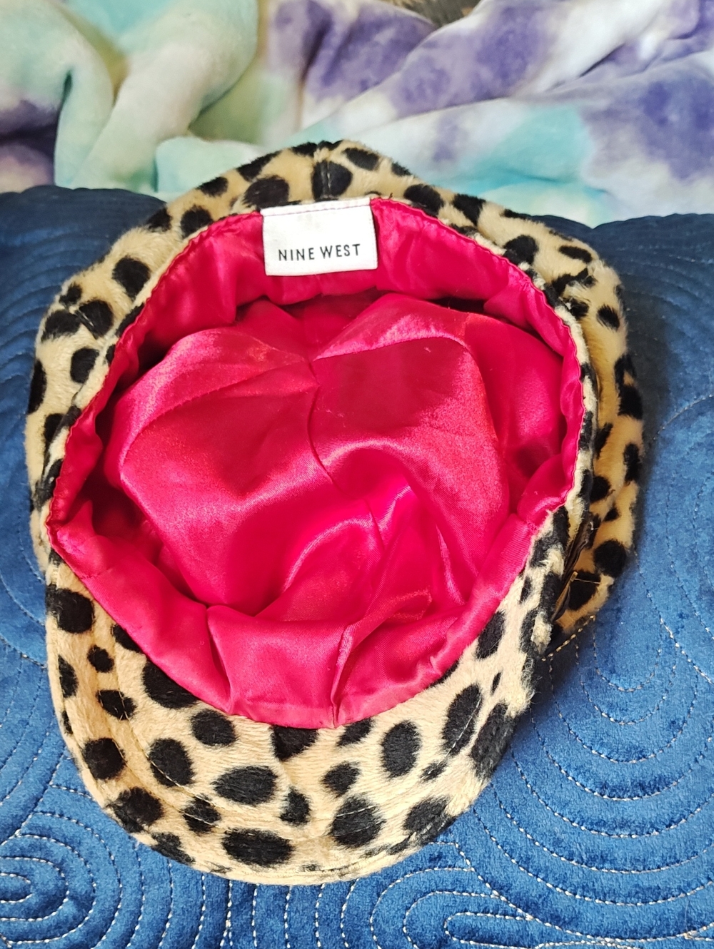Nine West Leopard-Print Faux Fur Hat with Hot Pink Lining